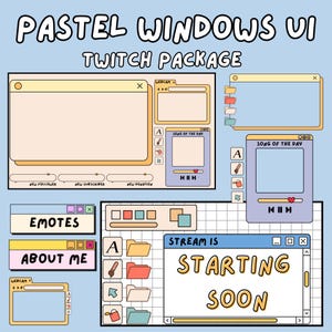 May include: A pastel-colored Twitch package UI design with various window elements. The design includes webcam frames, a "Song of the Day" player, and windows labeled "Emotes" and "About Me." The phrase "Stream is Starting Soon" is also visible.