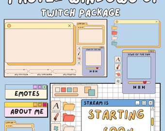 May include: A pastel-colored Twitch package UI design with various window elements. The design includes webcam frames, a "Song of the Day" player, and windows labeled "Emotes" and "About Me." The phrase "Stream is Starting Soon" is also visible.