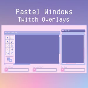 Puede incluir: Diseño de superposición de Twitch en colores pastel con el texto "Pastel Windows Twitch Overlays". El diseño presenta dos ventanas, una etiquetada como "Just Chatting" y la otra "Chat Box". El texto adicional incluye "New Follower", "New Subscriber" y "New Cheer".