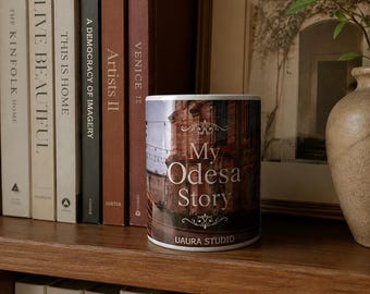 Taza de café de cerámica con fotografía de un edificio histórico.