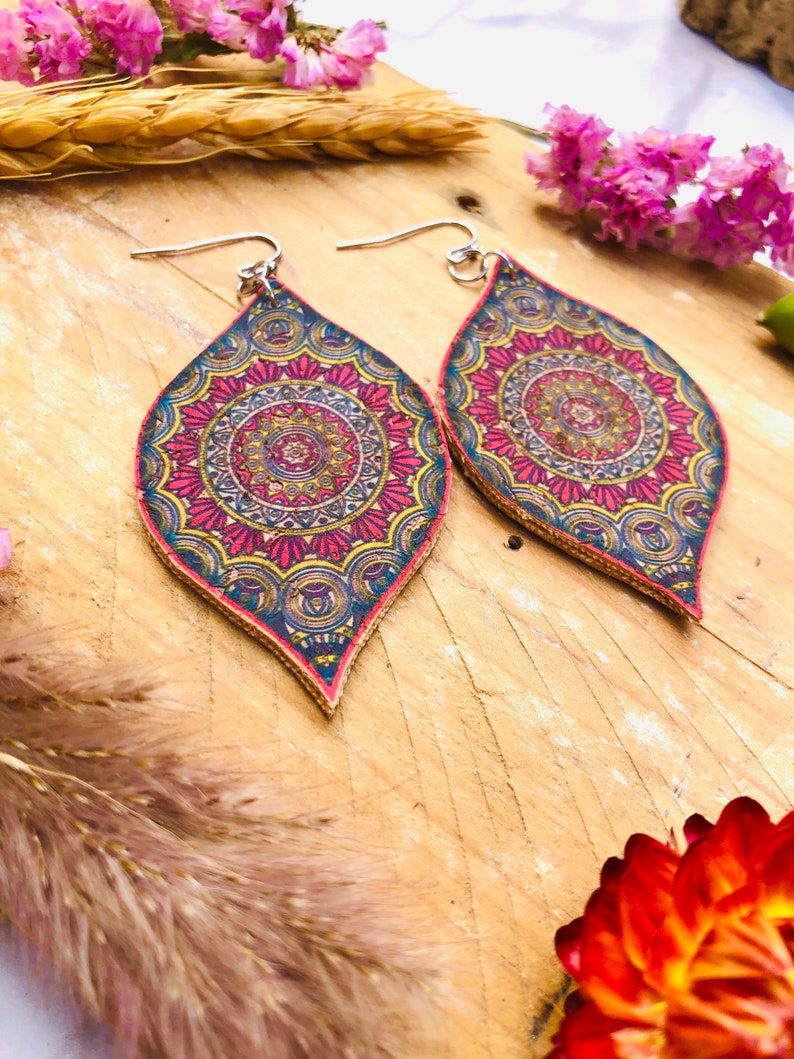 large teardrop earring Cork earrings yoga jewellery mandala earrings birthday gift for daughter mothers day gift gift under 15 for her