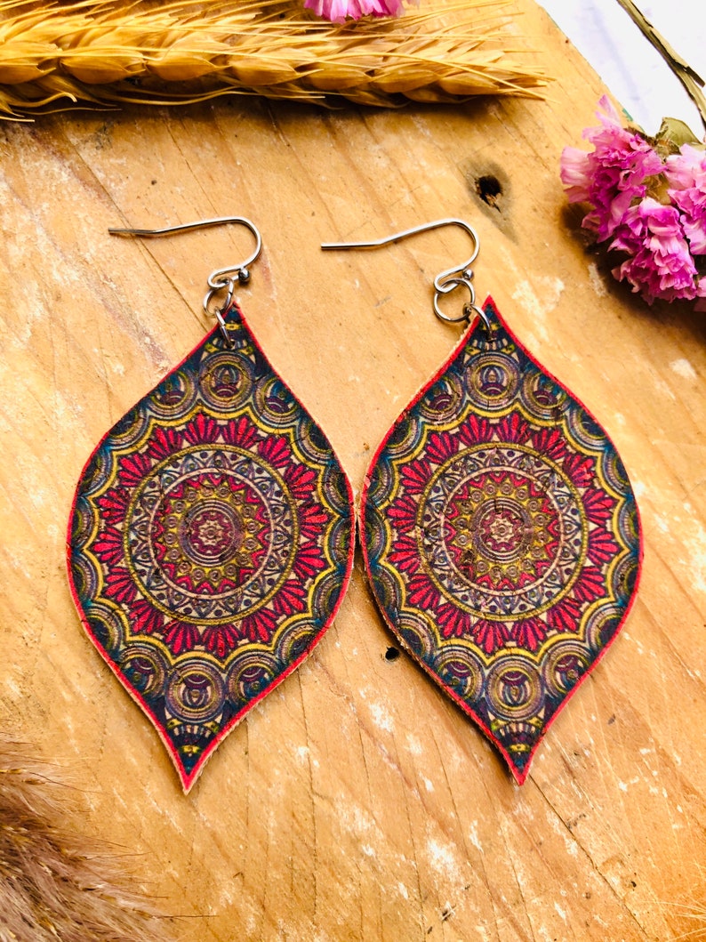 large teardrop earring Cork earrings yoga jewellery mandala earrings birthday gift for daughter mothers day gift gift under 15 for her