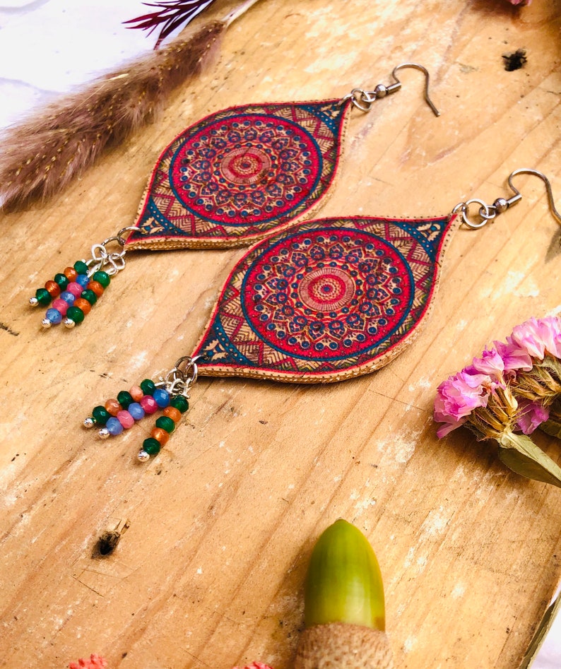 gift for yoga teachers vegan gift for mom mandala earrings bohemian earrings Cork earrings mothers day gift birthday gift for daughter