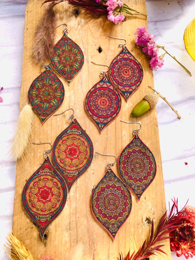 large teardrop earring Cork earrings yoga jewellery mandala earrings birthday gift for daughter mothers day gift gift under 15 for her
