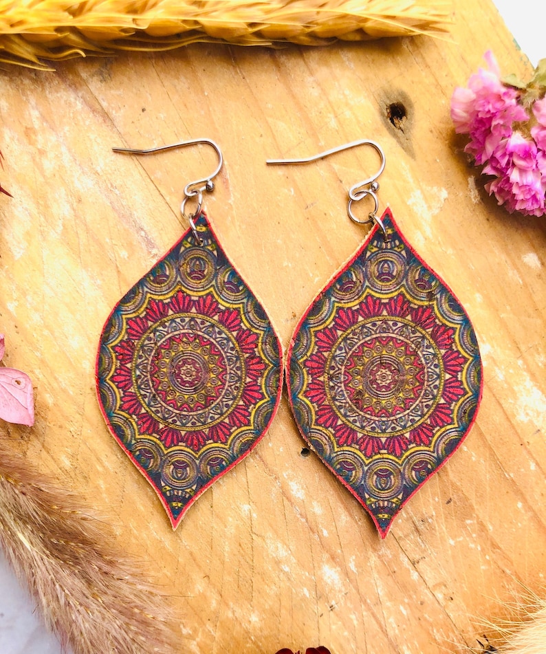 large teardrop earring Cork earrings yoga jewellery mandala earrings birthday gift for daughter mothers day gift gift under 15 for her