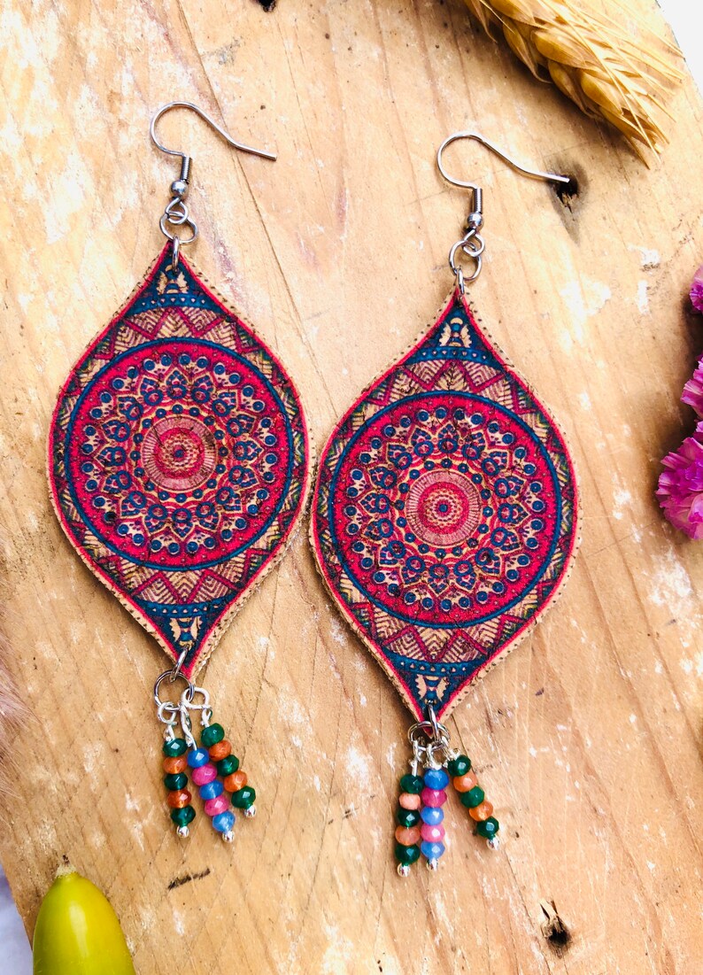 gift for yoga teachers vegan gift for mom mandala earrings bohemian earrings Cork earrings mothers day gift birthday gift for daughter