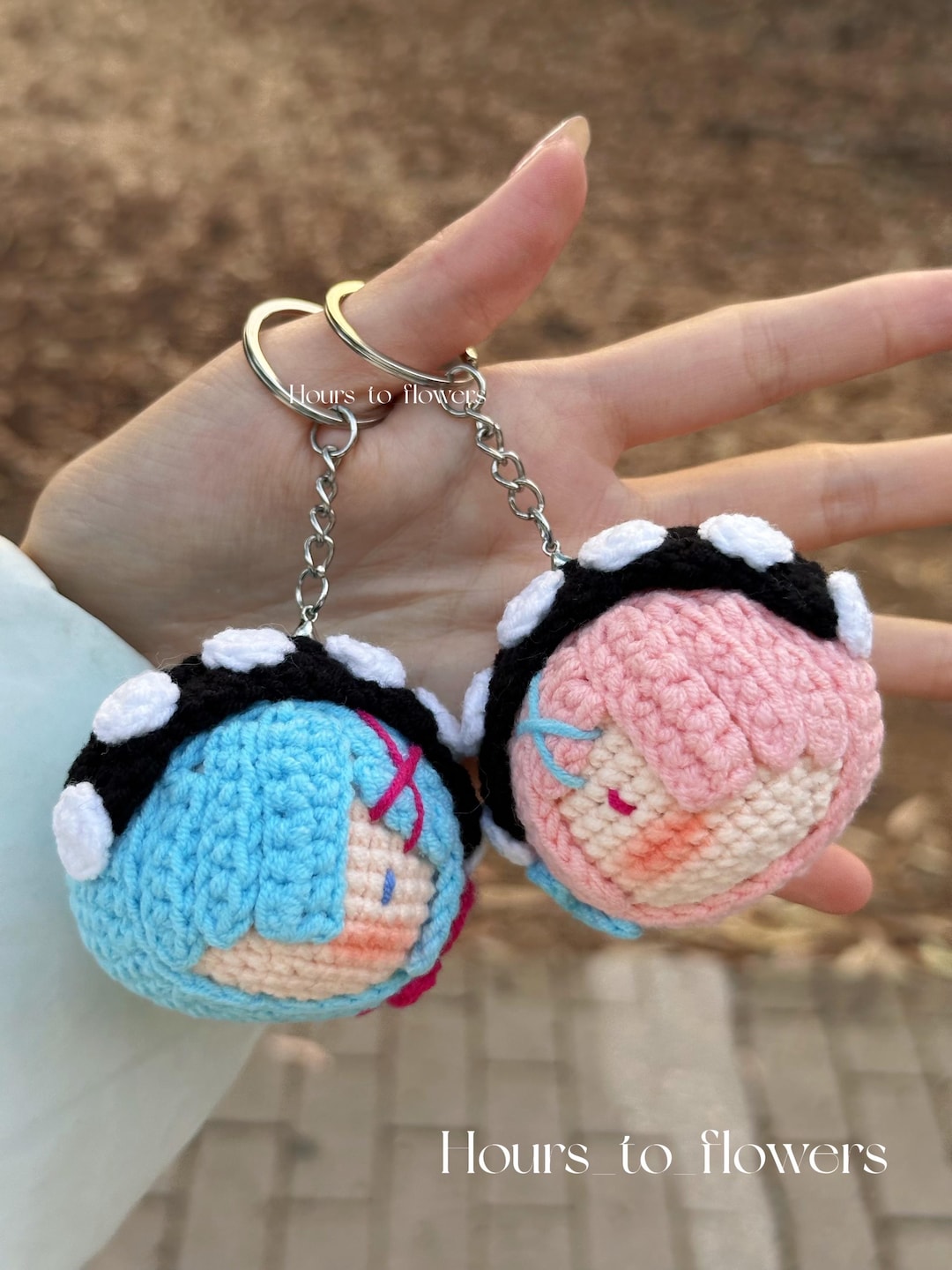 Ram and Rem Handmade Crochet Fluffy Plushies Keychain, Re:zero