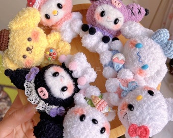 Handgemaakte gehaakte pluizige knuffels, origineel ontwerp, op bestelling gemaakt, Hello Kitty, Kuromi, My melody, kaneelbroodje, pochacco, pompomurin