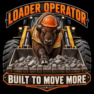 May include: A graphic illustration of a brown bison wearing an orange hard hat and a high-visibility safety vest, positioned in the driver seat of a yellow front-end loader filled with rocks. Text reads LOADER OPERATOR and BUILT TO MOVE MORE.