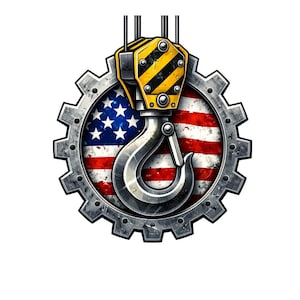 May include: A graphic featuring a stylized crane hook and gear design. The background is the American flag, with the hook and gear in metallic silver. The crane's housing is yellow with black diagonal stripes.