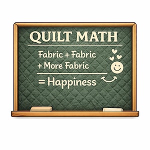 May include: A chalkboard with the words "QUILT MATH" at the top. The equation "Fabric + Fabric + More Fabric = Happiness" is written below. The background is a quilted pattern in green, with a smiley face and hearts.
