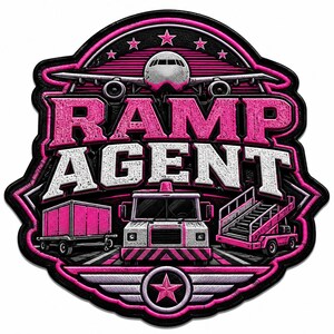 May include: A circular embroidered patch featuring a pink and white design with an airplane at the top, the text RAMP AGENT in the center, and ground support equipment including a cargo trailer, a tug vehicle, and passenger stairs below.