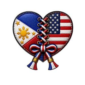 May include: A heart-shaped patch featuring a split design of the Philippine flag on the left and the American flag on the right. The two halves are joined by white lacing through gold eyelets, finished with a red, white, and blue bow and tassels.