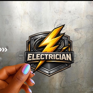 May include: A sticker featuring a stylized electrician's emblem. The design includes a yellow lightning bolt, a shield-shaped background, and the word "ELECTRICIAN" in bold letters. The sticker has a metallic silver and black color scheme.