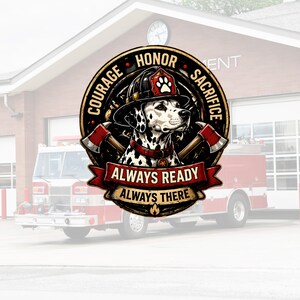 May include: A circular emblem featuring a Dalmatian dog wearing a firefighter helmet, with the words "Courage, Honor, Sacrifice" around the edge. The banner reads "Always Ready, Always There". Two axes are crossed behind the dog.