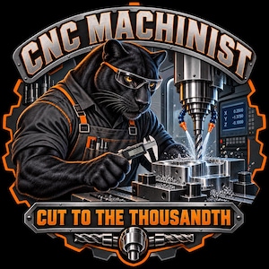 May include: A black panther wearing safety glasses and an orange-trimmed apron operates a CNC machine. The graphic features the text CNC MACHINIST and CUT TO THE THOUSANDTH, with a digital caliper showing 0.000 and a machine display screen.