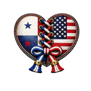 May include: A heart-shaped emblem featuring the flags of Panama and the United States. The two halves are joined by a central lacing system with gold eyelets and a red, white, and blue cord tied into a bow with two decorative tassels at the base.