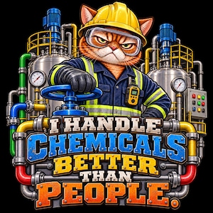 May include: A graphic illustration of a cat wearing a yellow hard hat, safety goggles, and a dark blue work uniform with reflective stripes. The cat stands before industrial pipes and tanks, with the text I HANDLE CHEMICALS BETTER THAN PEOPLE.