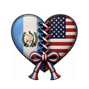 May include: A heart-shaped object featuring the Guatemalan flag on the left and the United States flag on the right. The two halves are joined by a red, white, and blue braided cord laced through metal eyelets, tied in a bow at the bottom.
