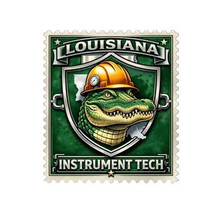 May include: A green and yellow alligator wearing an orange hard hat, inside a shield with the word "LOUISIANA" above and "INSTRUMENT TECH" below. The image is framed by a postage stamp border.