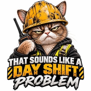 May include: A brown tabby cat wearing a yellow construction hard hat and a high-visibility vest, holding a black walkie-talkie. Below the cat, bold text reads: THAT SOUNDS LIKE A DAY SHIFT PROBLEM, with the word DAY SHIFT highlighted in yellow.