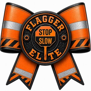 May include: An orange and black ribbon design with a circular emblem. The emblem features the words "FLAGGER ELITE" and a "STOP SLOW" sign. The ribbon has silver and black diagonal stripes.