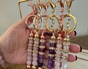 Rose Quartz Amethyst Bag Charm | Crystal Keychain | Chakra Healing Accessory