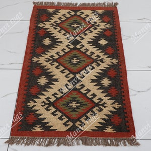 Traditional Indian WOOL JUTE RUGS, 4x6, 5x8, 6x9, 8x10, 9x12 Ft Kilim Rugs, Handwoven Wool Jute Rugs, Handmade Kilim Dhurrie Rug