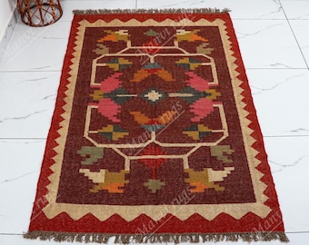Handwoven Wool Jute Kilim Rug: Bohemian Flatweave Dhurrie