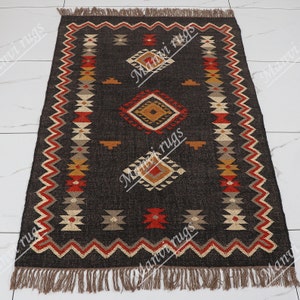 Handmade Wool Jute Rug, Navajo Kilim Rug, Aztec Rug, Accent Rug, Outdoor Rug/Indoor Rug, Living/Dinning Room Rug 4x6 Feet Rug