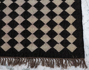 Handgjord kelimmatta i ulljute, svartvit, aztekisk heminredning, handvävd kelimmatta i ulljute: sydvästlig boho, tribal design, 2,4x3 meter