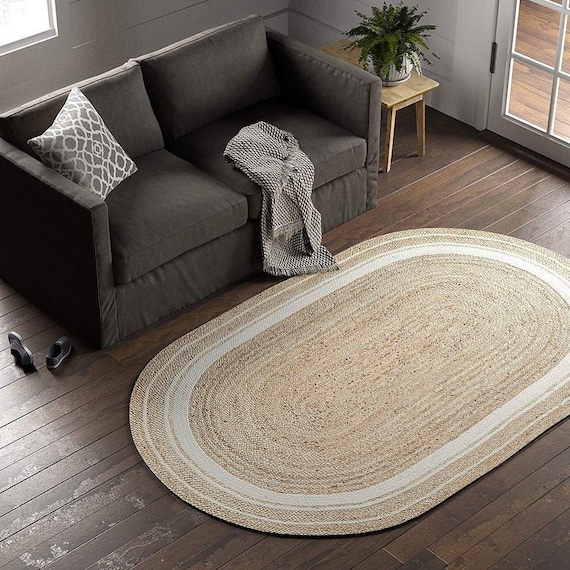 Indian Handmade Braided Traditional Design Natural Oval Jute Rug