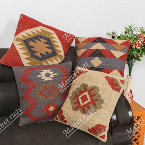 Handwoven Wool Jute Kilim Pillow Cover Set: Indian Cushion Covers (18x18 inch)