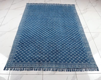 Handwoven Indigo Cotton Kilim Rug: Boho Southwest Decor