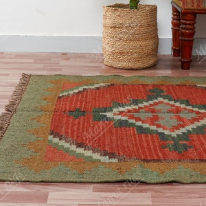 Handmade Navajo Kilim Rug, Aztec Rug, Accent Rug, Outdoor Rug/Indoor Rug, Living/Dining Room 4X6 Ft. Wool Jute Kilim Rug, Indian Dhurrie Rug