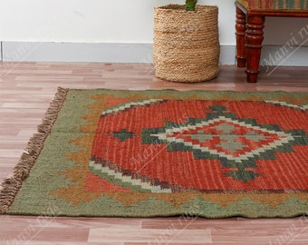 Alfombra Navajo Kilim hecha a mano, alfombra azteca, alfombra decorativa, alfombra exterior/alfombra interior, sala de estar/comedor 4X6 pies. Alfombra Kilim de yute de lana, DhurrieRug indio