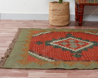 Handmade Navajo Kilim Rug, Aztec Rug, Accent Rug, Outdoor Rug/Indoor Rug, Living/Dining Room 4X6 Ft. Wool Jute Kilim Rug, Indian Dhurrie Rug