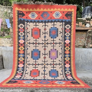 Handmade Wool Kilim Rug, Navajo Kilim Runner Rug, Aztec Rug, Accent Rug, Outdoor/Indoor Rug, Bedroom Rug, wool jute Kilim Rug