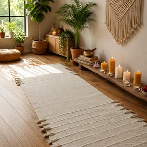 Puede incluir: Una alfombra rectangular tejida de color blanco roto con una superficie texturizada, patrones acanalados horizontales y borlas decorativas con flecos fijadas a lo largo de los dos bordes más cortos, colocada sobre un suelo de madera.