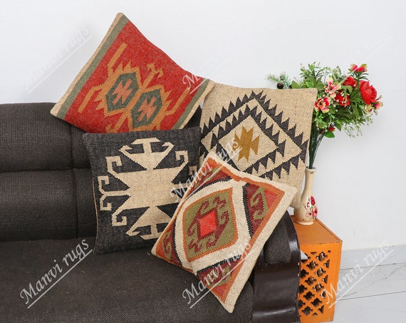 4 Set of Indian Handwoven Jute Cushion Cover 18x18 Decorative Jute