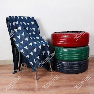 Indigo Mudcloth Throw Blanket: Hand Woven Cotton Fringed Throw