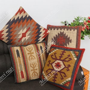 Set of 4 Handwoven Jute Kilim Pillow Covers: Vintage Turkish Home Decor