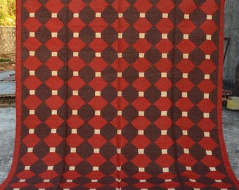 Red Kilim Rug: Handwoven Geometric Wool & Jute Rug, Traditional Indian Dhurrie, Flatweave Custom Sizes