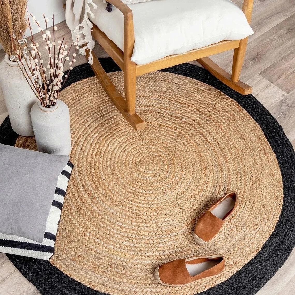 Round Rug Natural Jute Hand Braided Area Rug Beige With Black Etsy