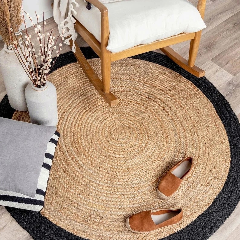 Round Rug Natural Jute Hand Braided Area Rug Beige With Black Etsy