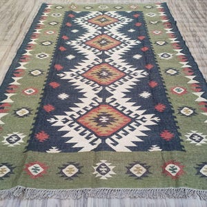 Handmade Navajo Kilim Rug, Aztec Rug, Accent Rug, Outdoor Rug/Indoor Rug, Living/Dinning Room 4X6 Ft. Wool Jute Kilim Rug, Indian DhurrieRug