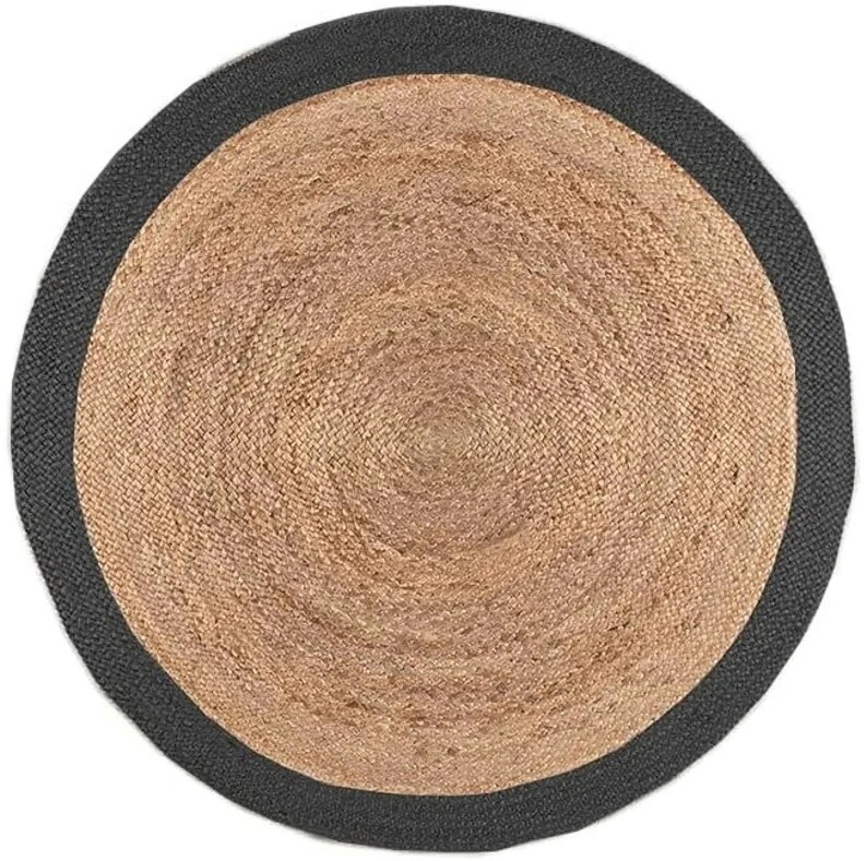 Round Rug Natural Jute Hand Braided Area Rug Beige With Black Etsy