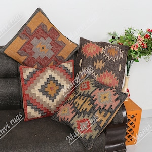 Handmade Jute Pillow Cover Set: Bohemian Kilim Throw Pillows (18x18 inch)