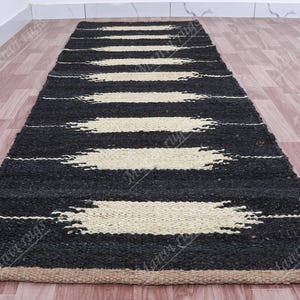 Hand Loomed Natural Jute Rectangle Runner Rug Black and White Hemp Jute Large Area Jute Rug, Custom Size Vintage Rug, Decorative Boho Rug