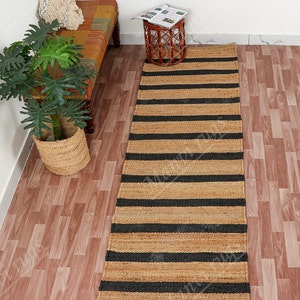 Handmade Hemp Jute Stair Runner Rug: Natural Black Stripes